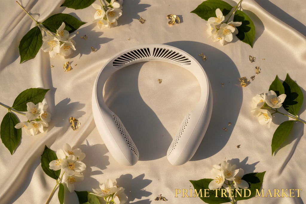 ArcBreeze neck fan flatlay on cream silk with jasmine flowers