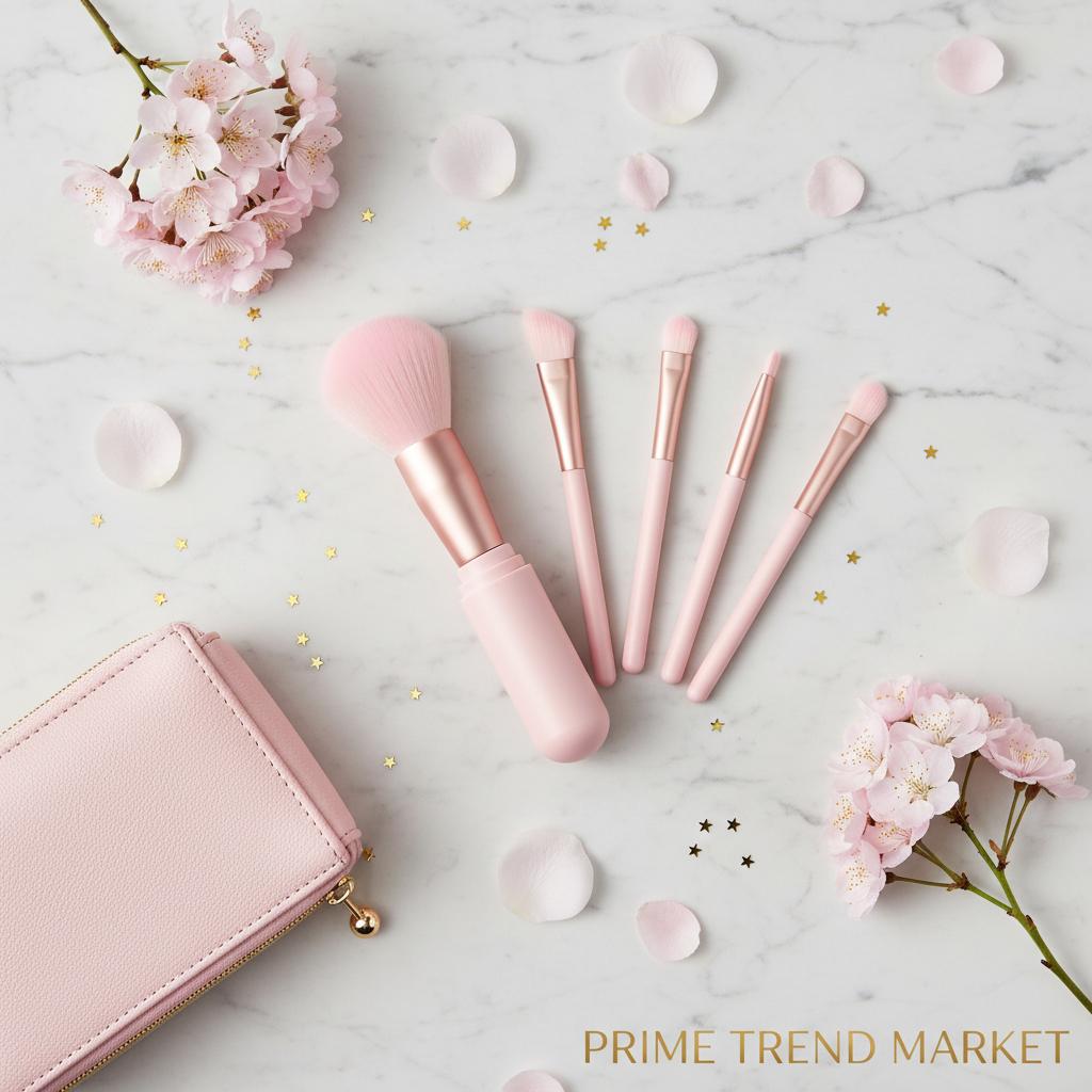 4-in-1 portable pink makeup brush set on marble with flowers and gold confetti