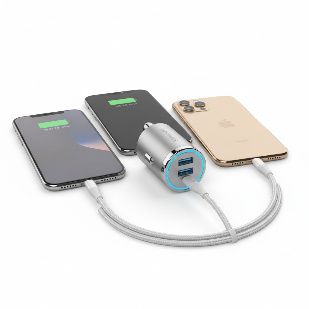 3-port USB car charger charging 3 iPhones simultaneously