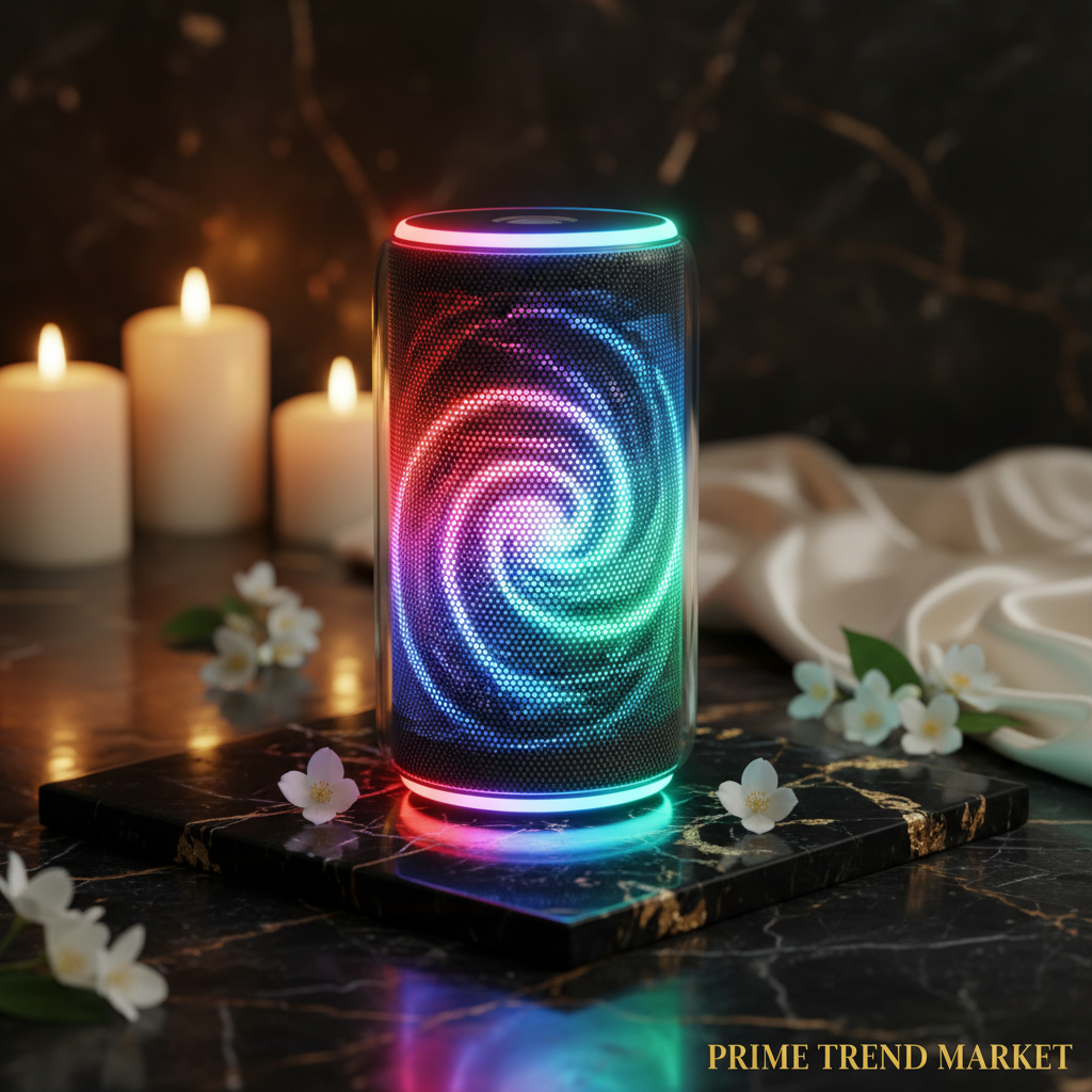 RGB Glow Bluetooth Speaker - Charm Red with neon lighting on marble surface