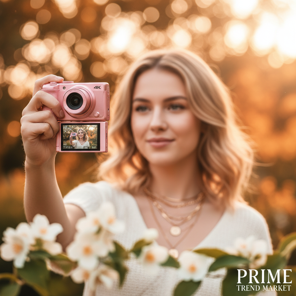 Young woman taking selfie with pink SnapShot camera