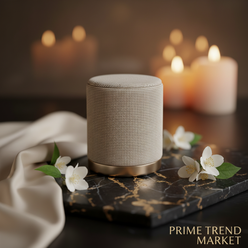 Aesthetic Mini Bluetooth Desktop Speaker - Beige on marble with jasmine flowers