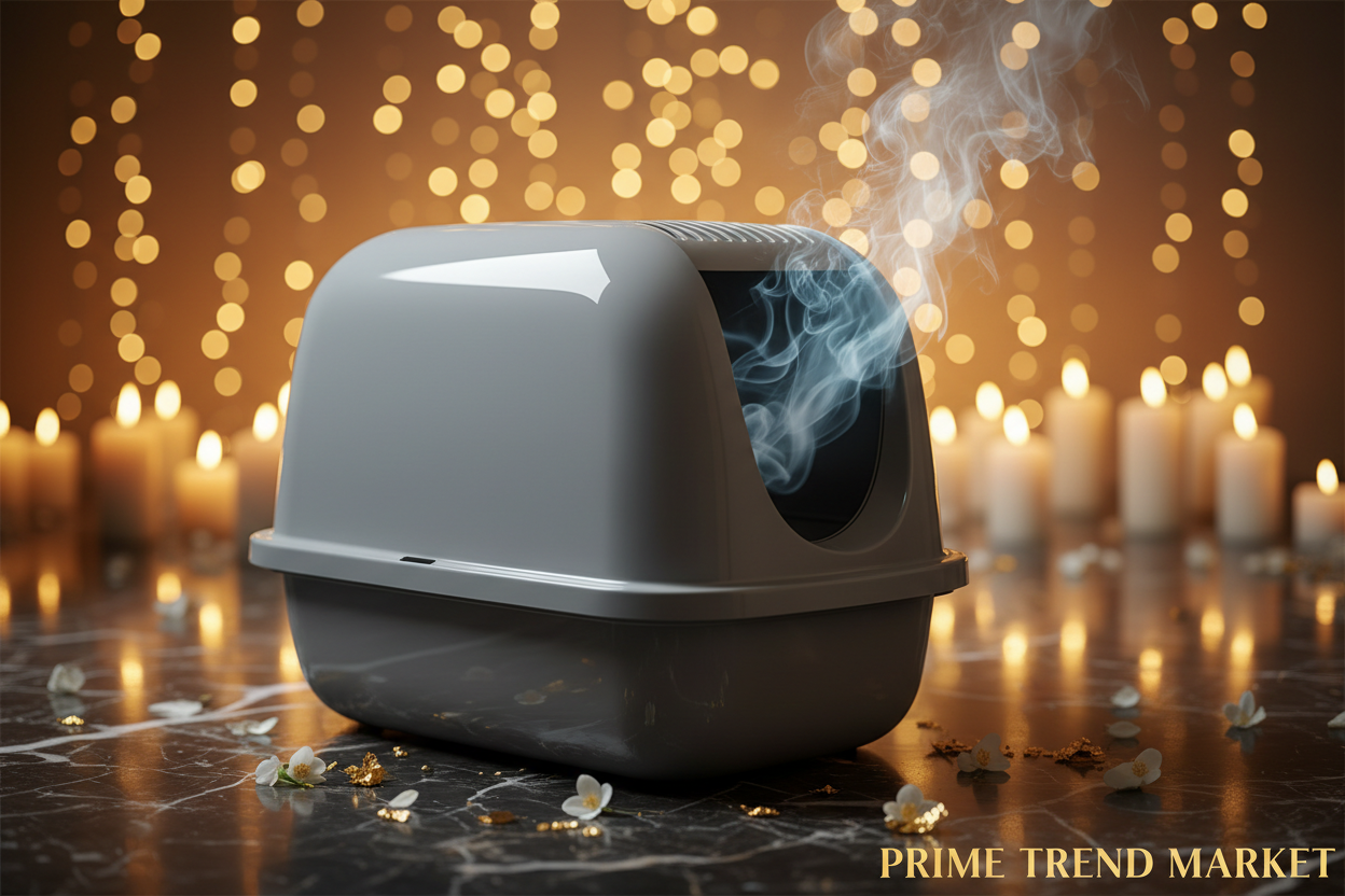 Premium fully enclosed grey cat litter box on dark marble with candlelight bokeh luxury scene