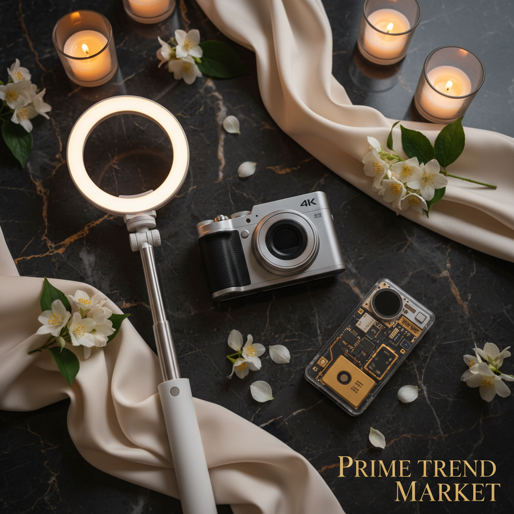 Vlogger Starter Kit - 4K Camera, Selfie Stick Tripod with LED Ring Light and Magnetic Power Bank on dark marble