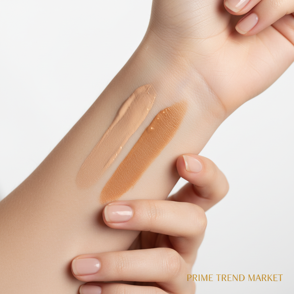 CC cream light and dark shade swatches on wrist showing color comparison on white background