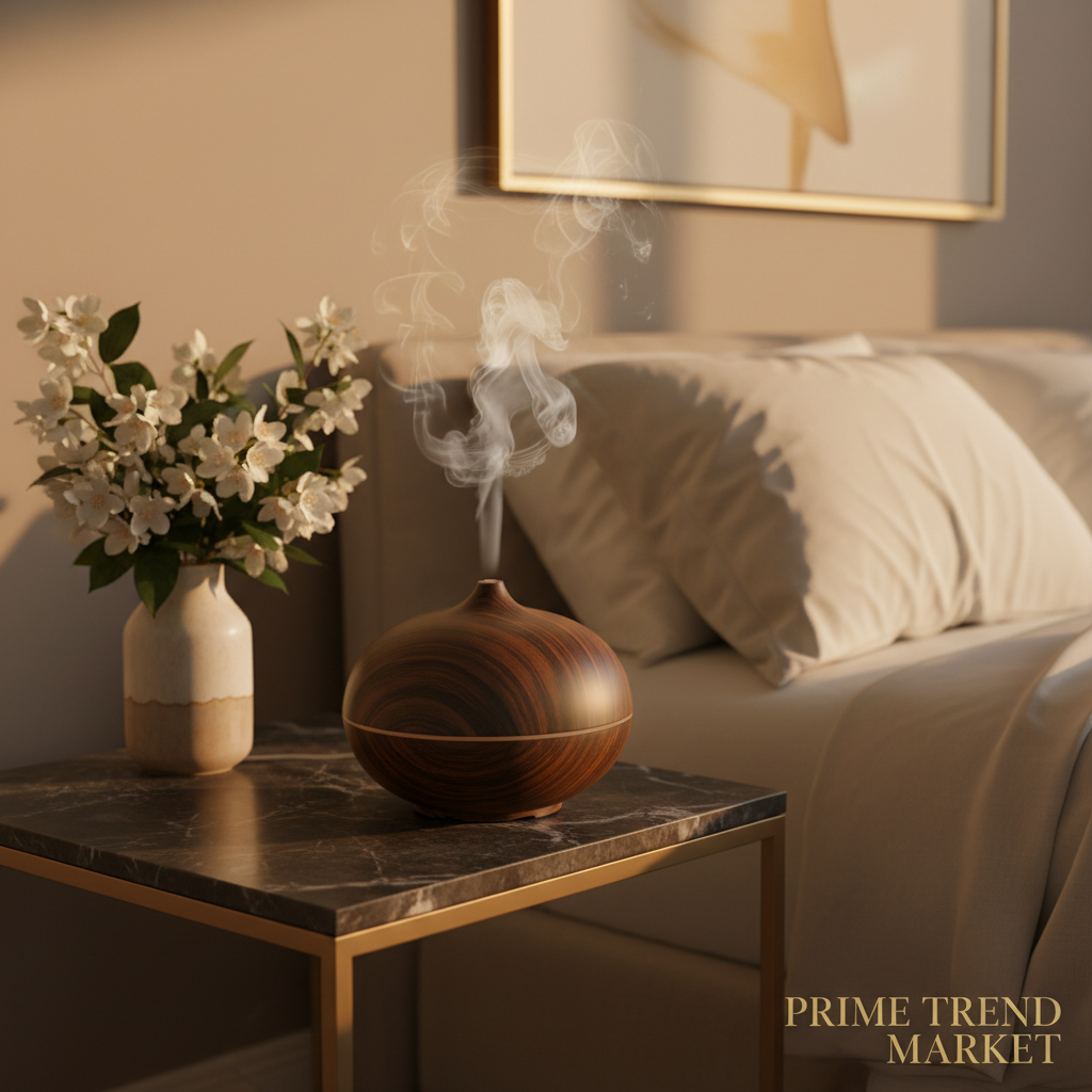Luxury Wood Grain Ultrasonic Aroma Diffuser — Bedroom Lifestyle | Prime Trend Market