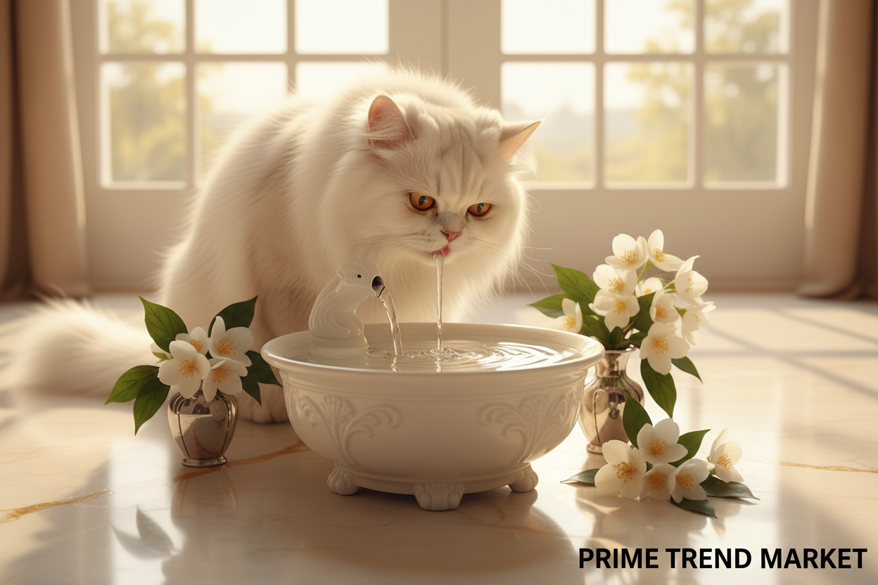 White Persian cat drinking from luxury antique white automatic circulation cat water fountain on cream marble