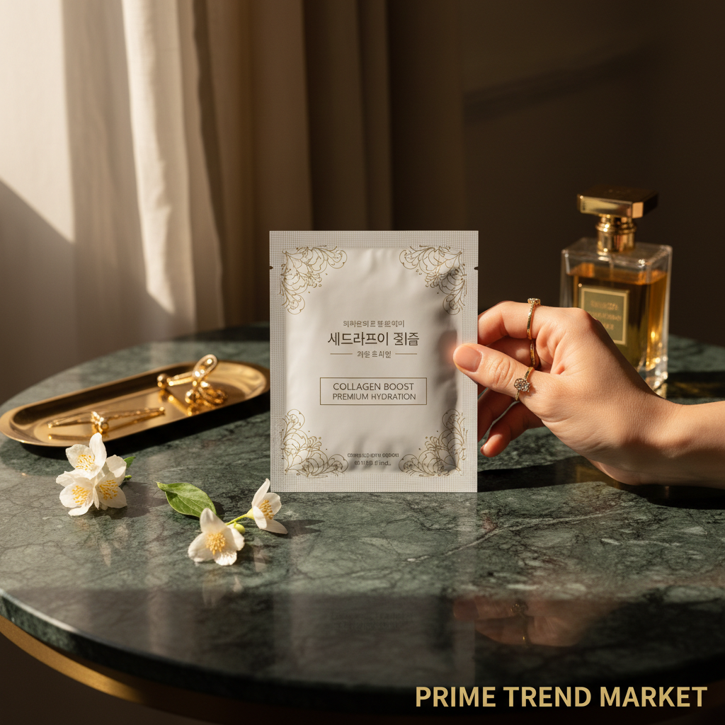 Lifestyle shot holding Korean collagen face sheet mask