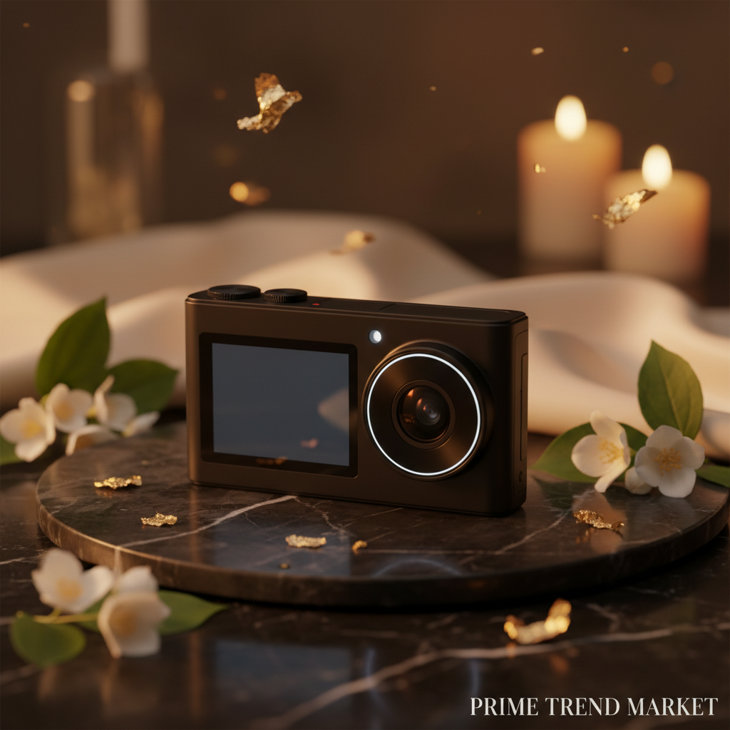 VlogShot Black dual-screen camera on dark marble with jasmine