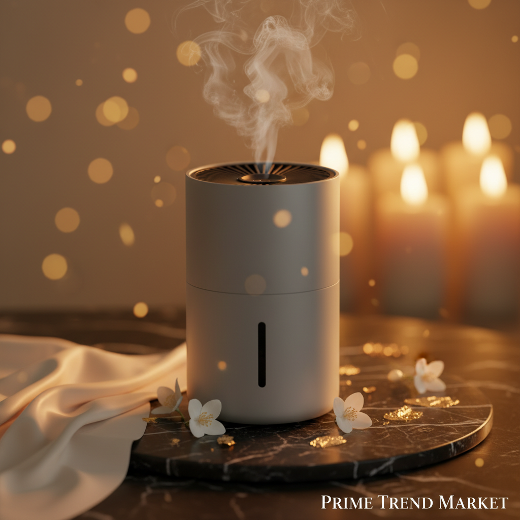 Gray mini desktop air purifier on black marble with jasmine flowers and gold accents - Prime Trend Market