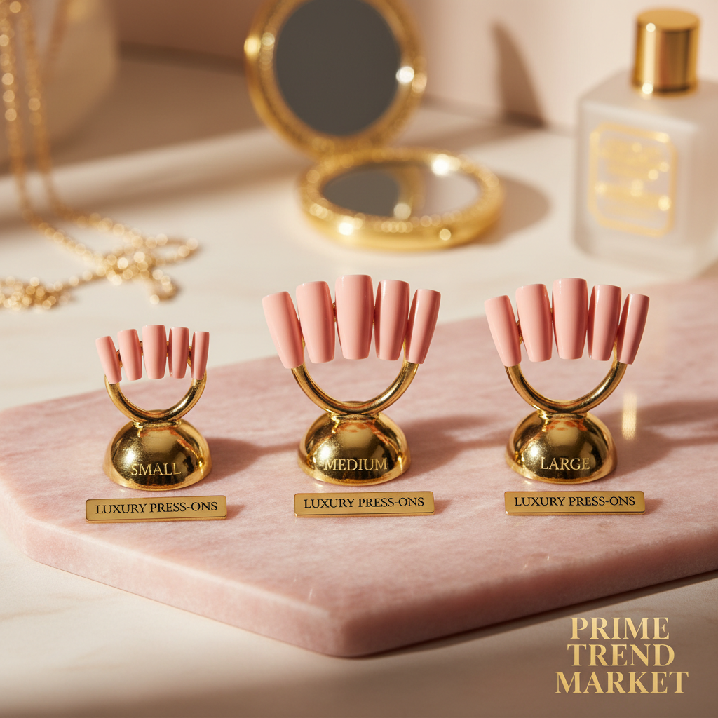 Three sizes Small Medium Large blush pink press on nails on gold stands