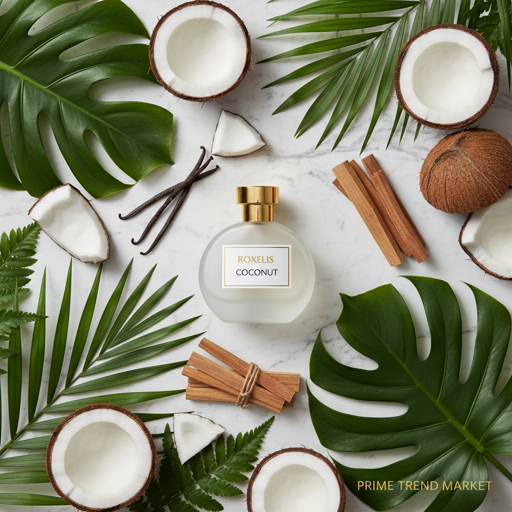 Roxelis Coconut Perfume fragrance notes flat lay coconut vanilla sandalwood - Prime Trend Market