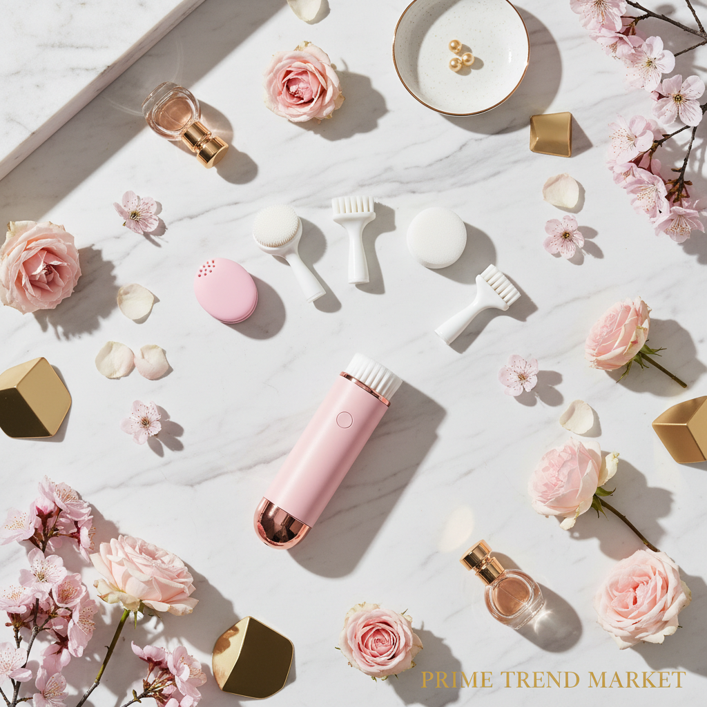 Pink facial cleansing spin brush with 5 brush heads on marble with pink flowers — Prime Trend Market