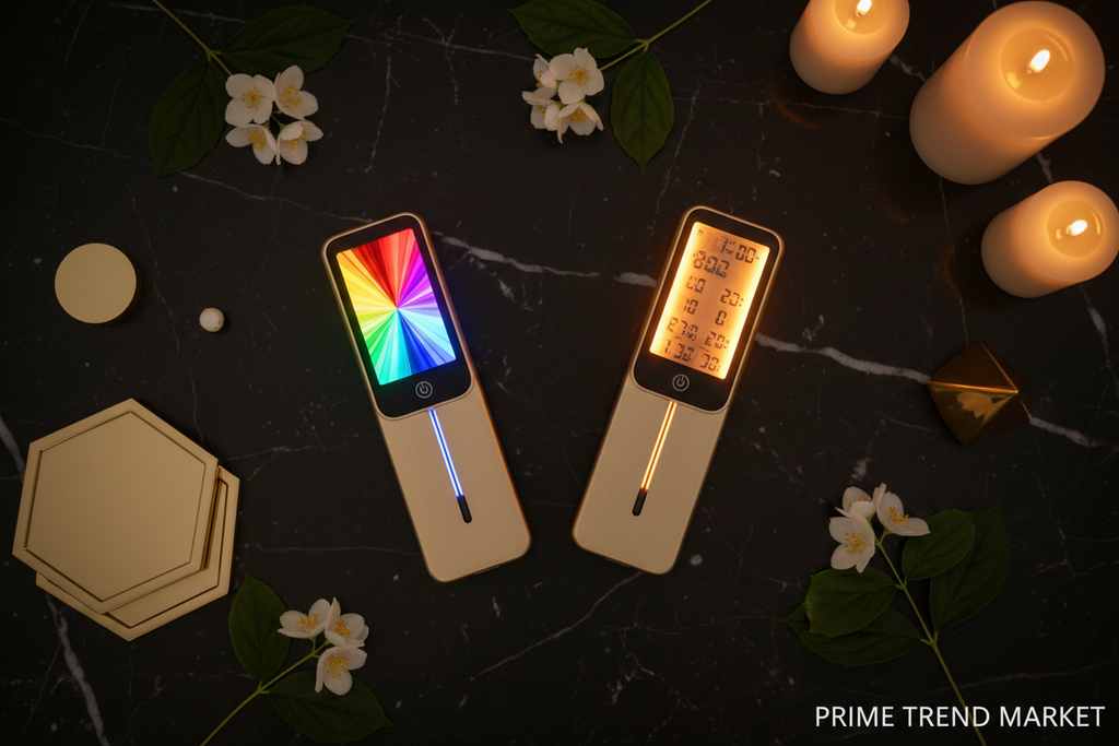 Both colorful and warm light LED thermometer variants flat lay