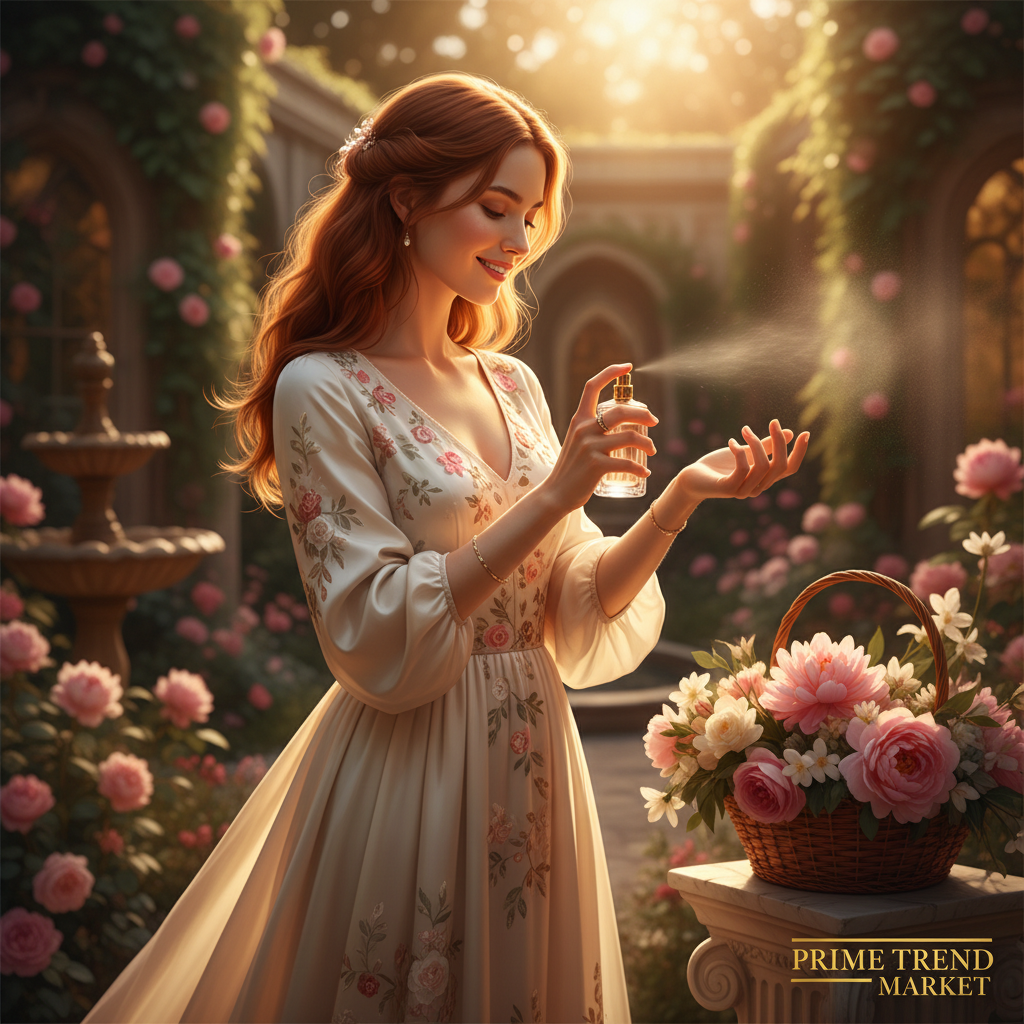 Beautiful woman spritzing Desire Lover perfume in romantic garden