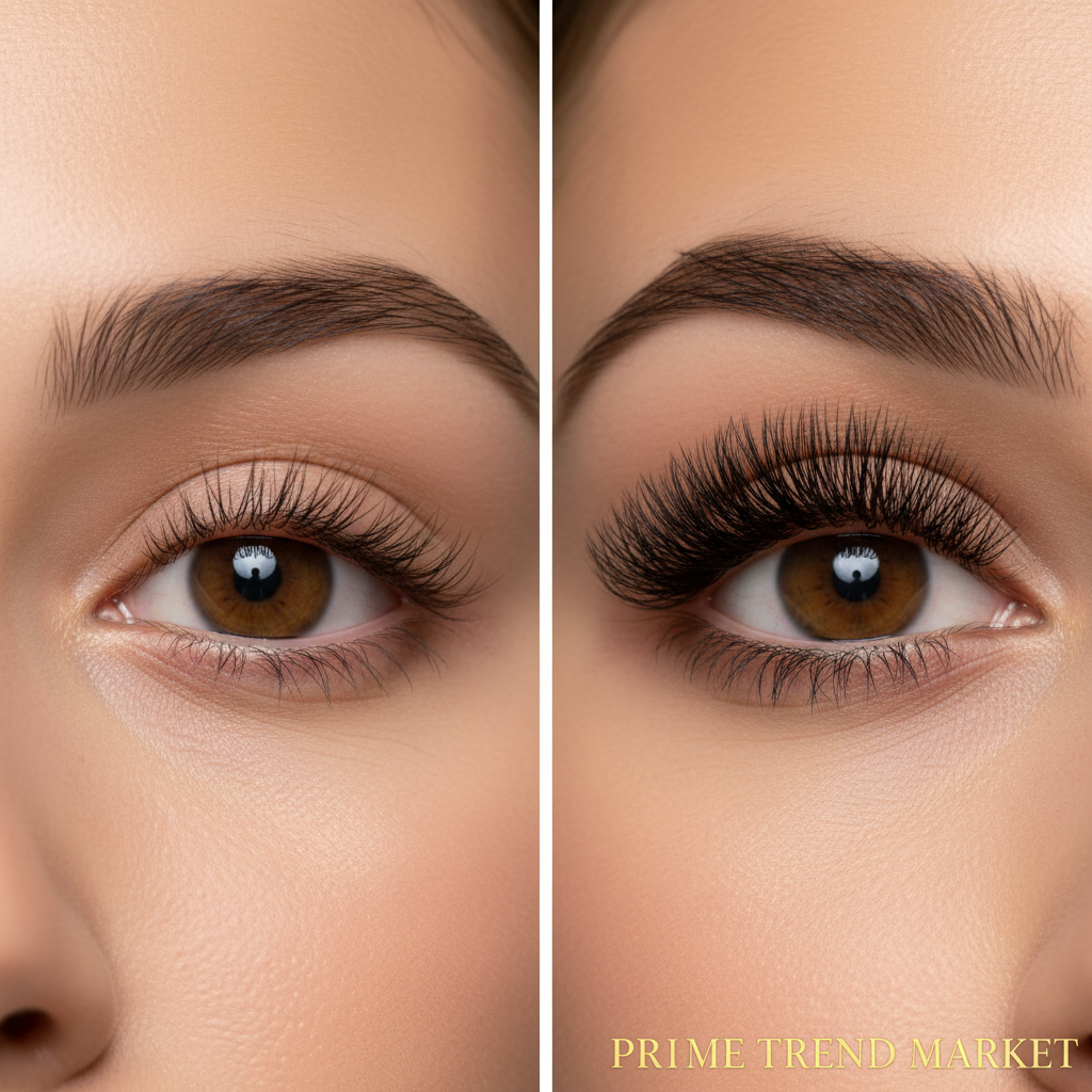 Before after eyelash transformation sparse thin lashes to long thick lush dark lashes serum result