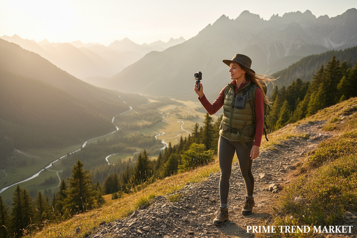 Female travel vlogger hiking with 4K anti-shake pocket camera at golden hour mountain trail