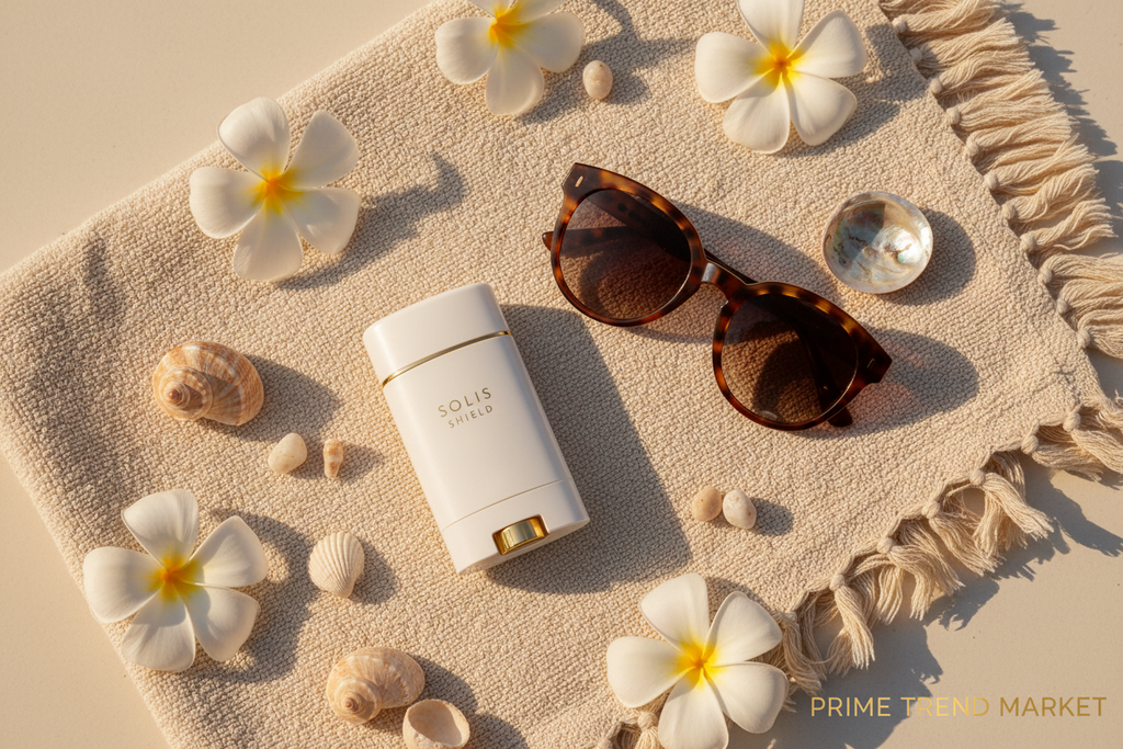 Jaysui sunscreen stick beach lifestyle flatlay with sunglasses and white flowers — Prime Trend Market