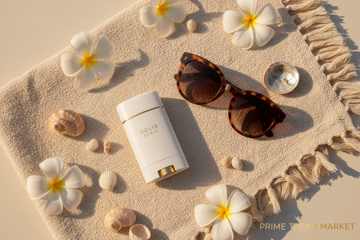 Jaysui sunscreen stick beach lifestyle flatlay with sunglasses and white flowers — Prime Trend Market