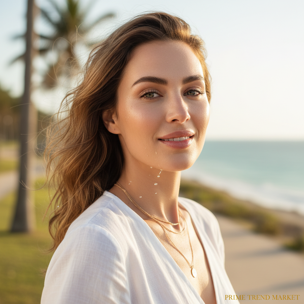 Confident woman with perfect dewy skin in summer sunlight showcasing waterproof CC cream finish