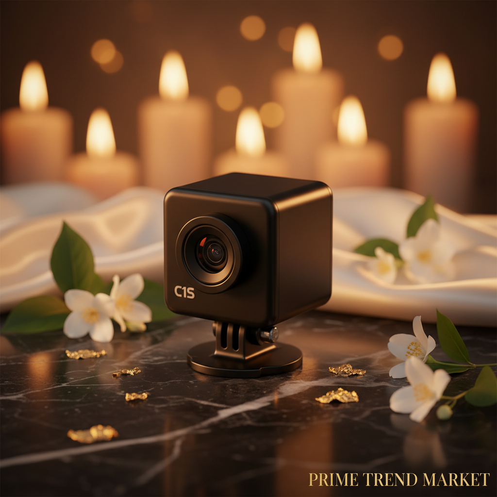 C1S 1080P HD Sports Action Camera black on black marble with jasmine flowers and gold accents
