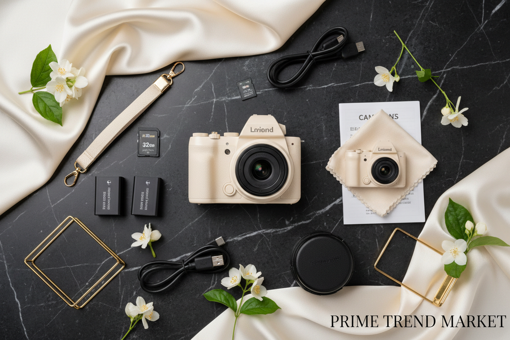 5K Vlogging Camera full unboxing flat lay with all accessories on marble