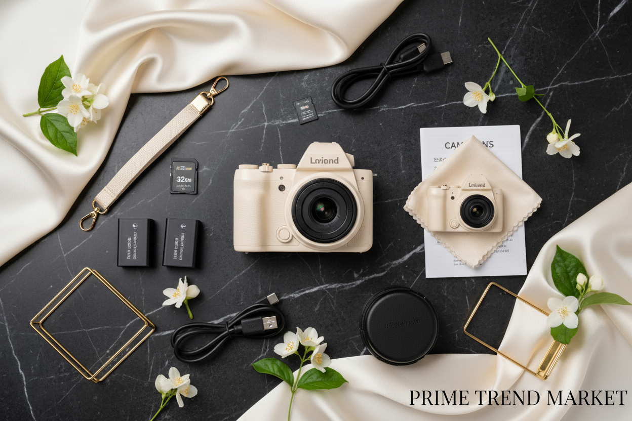 5K Vlogging Camera full unboxing flat lay with all accessories on marble