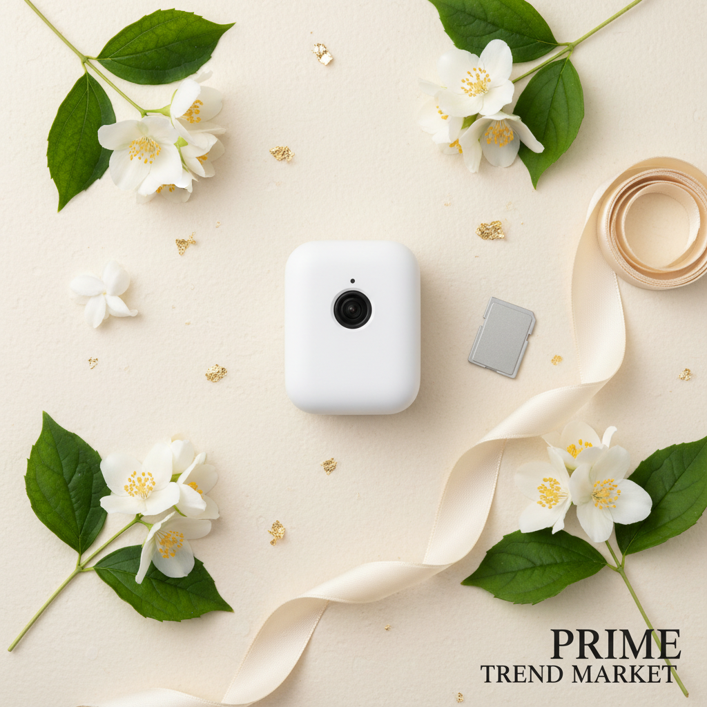 1080P Mini WiFi Hidden Security Camera flat lay with jasmine flowers and SD card