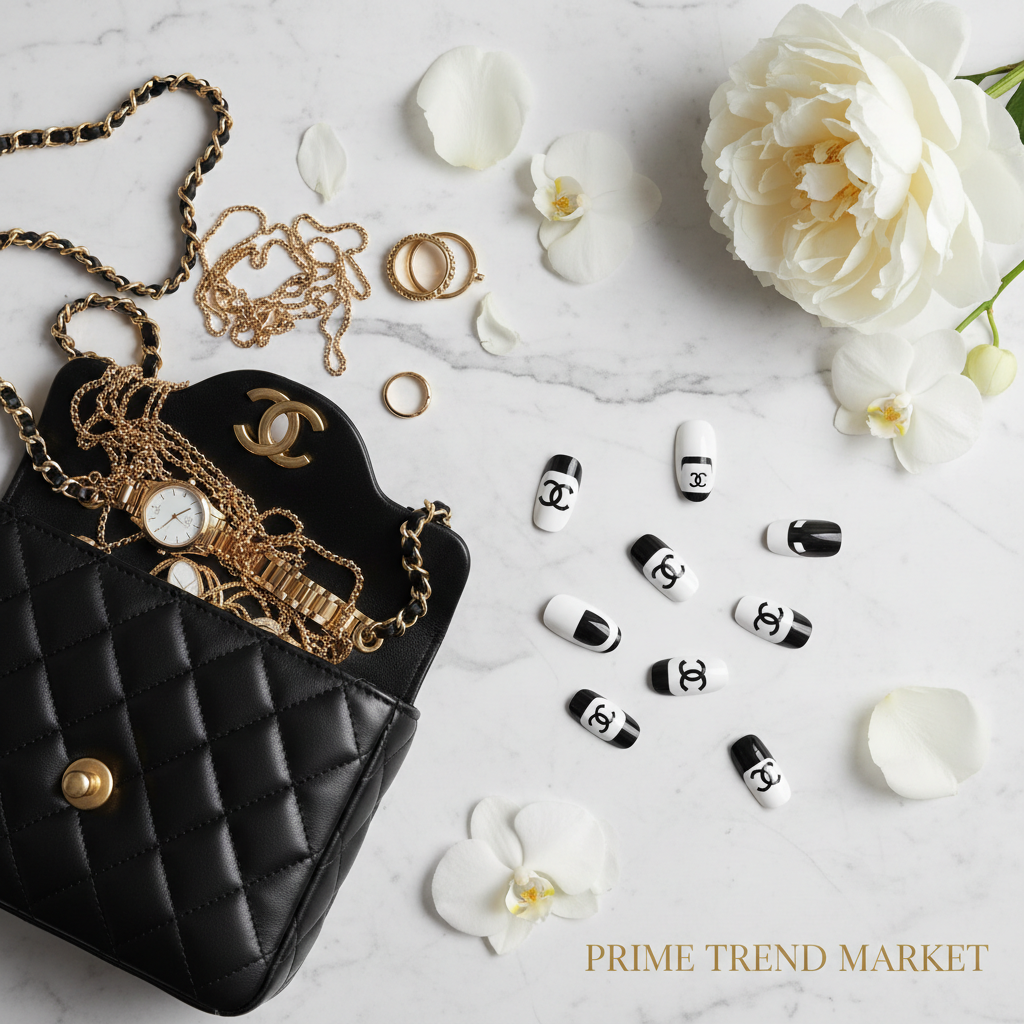 Black white CC monogram press-on nails designer flat lay - Prime Trend Market