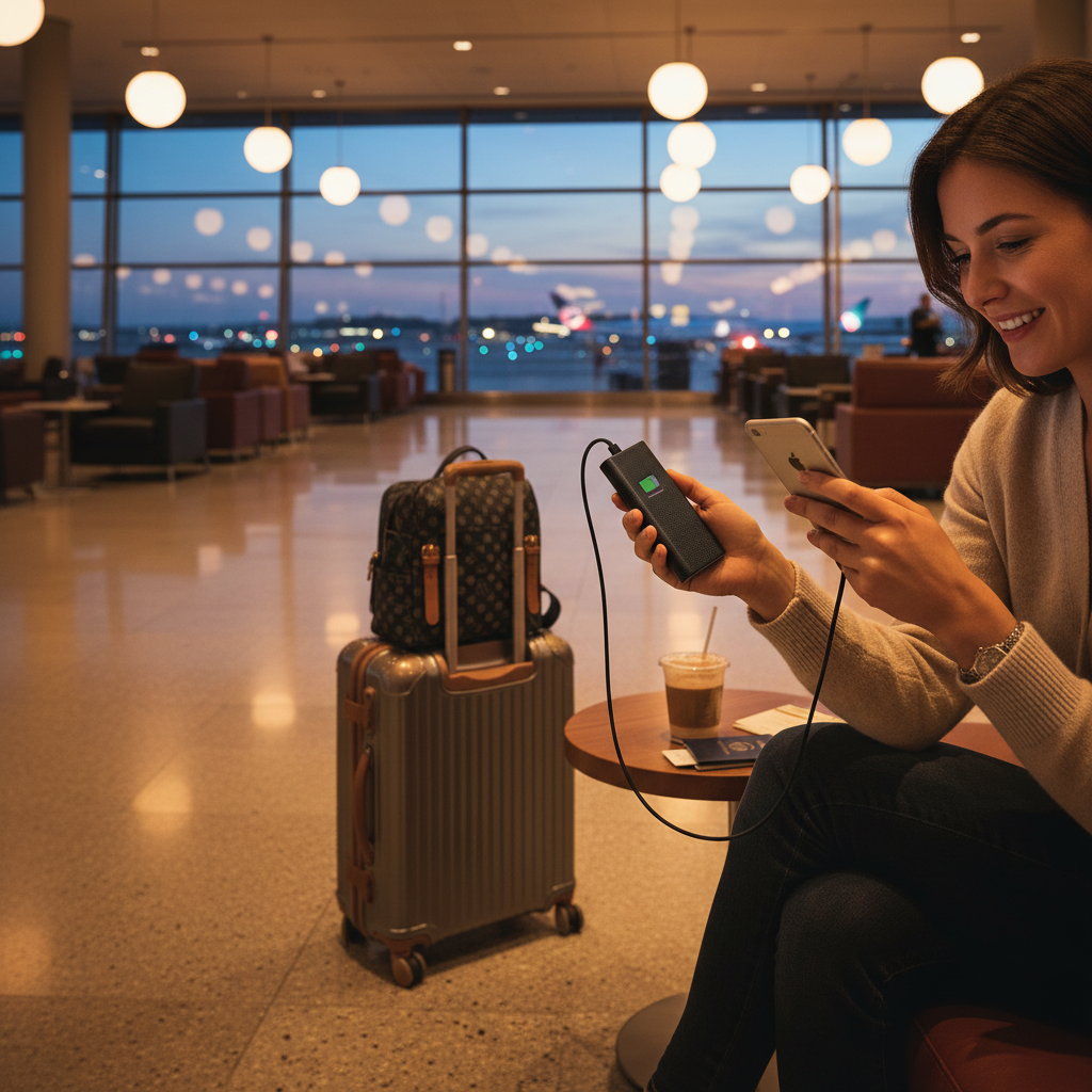 Person at airport charging iPhone with slim black power bank