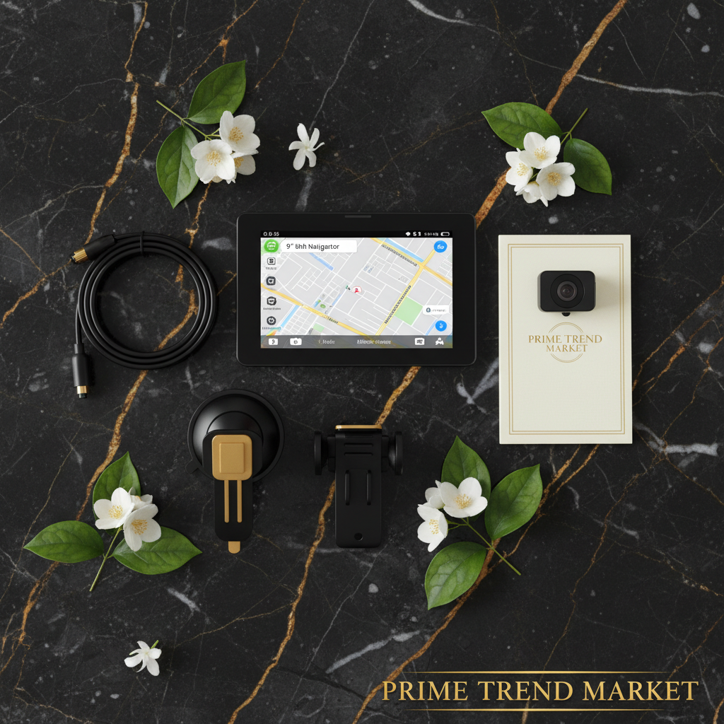 9 inch GPS Navigator Dash Cam complete kit flat lay — Prime Trend Market