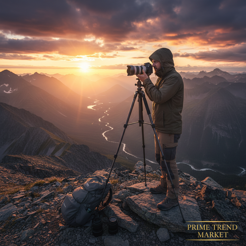 Photographer Using Portable Tripod with DSLR Camera on Mountain Summit — Prime Trend Market