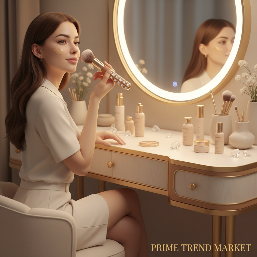 Woman applying foundation with brown diamond rivet crystal handle makeup brush at warm luxury vanity