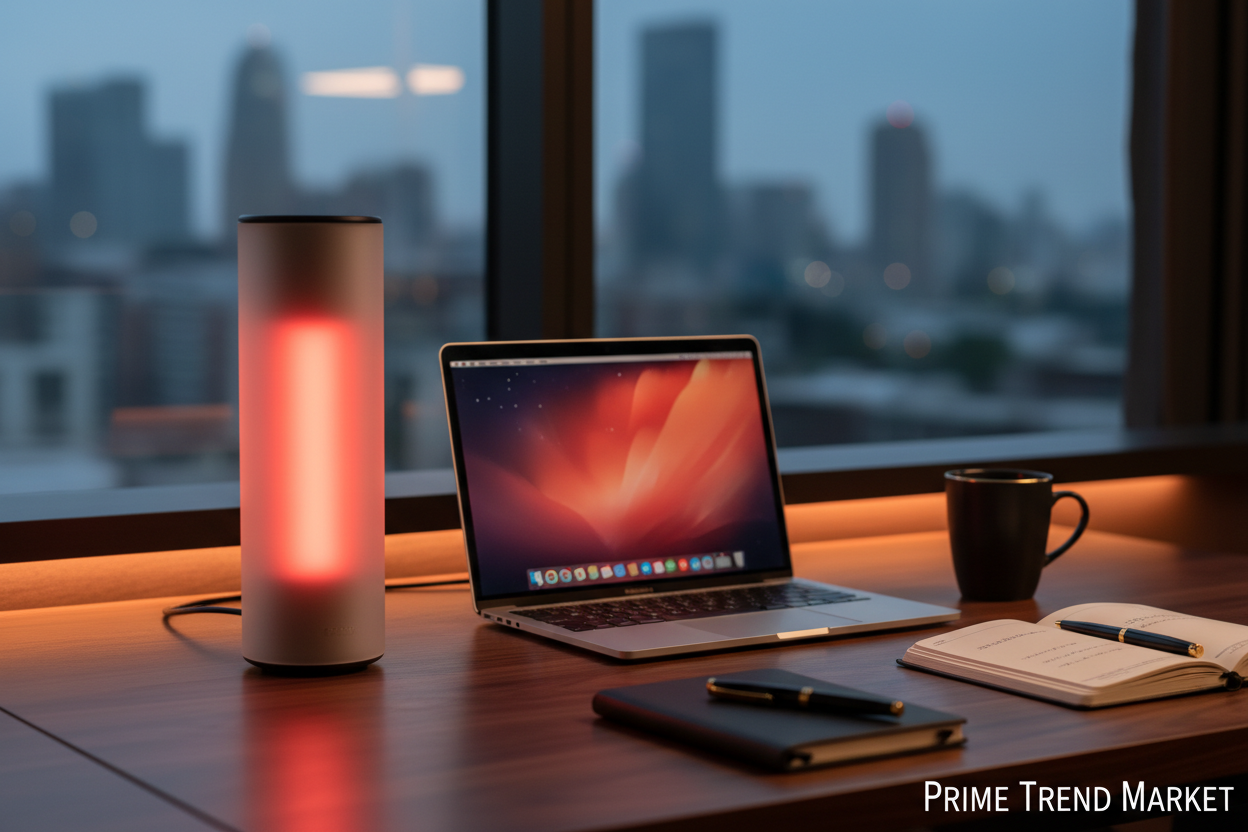 Aurora RGB Bluetooth Speaker - Red variant MacBook desk lifestyle shot