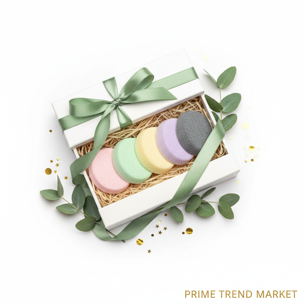 5 colorful konjac facial sponges in white gift box with green ribbon eucalyptus and gold confetti