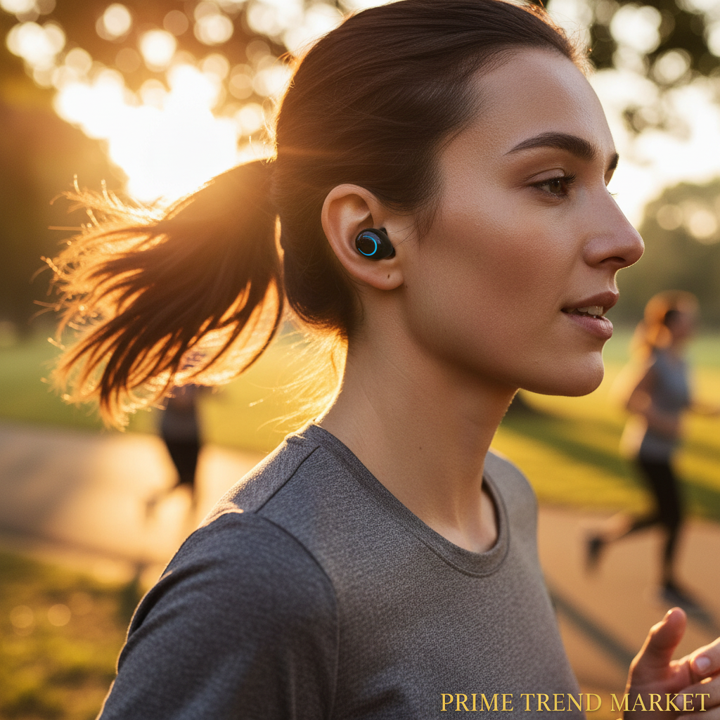 Person wearing TWS earbuds during morning jog in park — Prime Trend Market