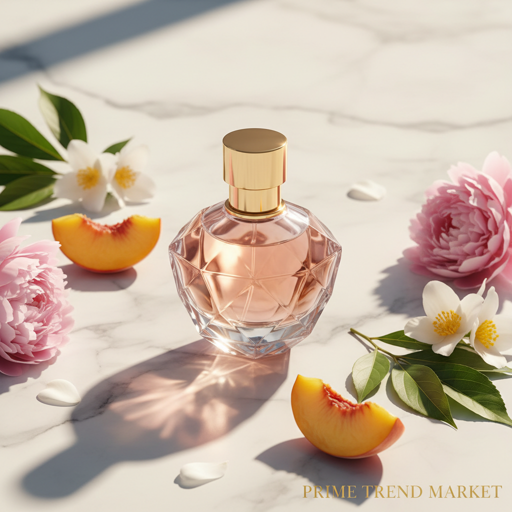 Foliage Silence perfume on marble with peach slices, peonies and jasmine