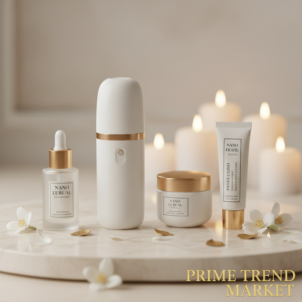 White nano facial mister with luxury skincare products on cream marble with jasmine petals - Prime Trend Market