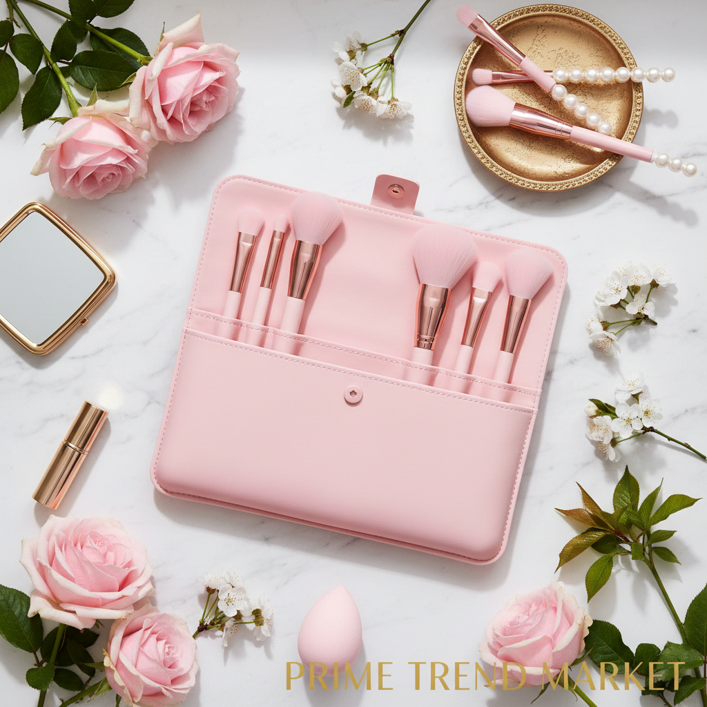 Pink silicone travel makeup brush holder flat lay with brushes and gold accents on marble