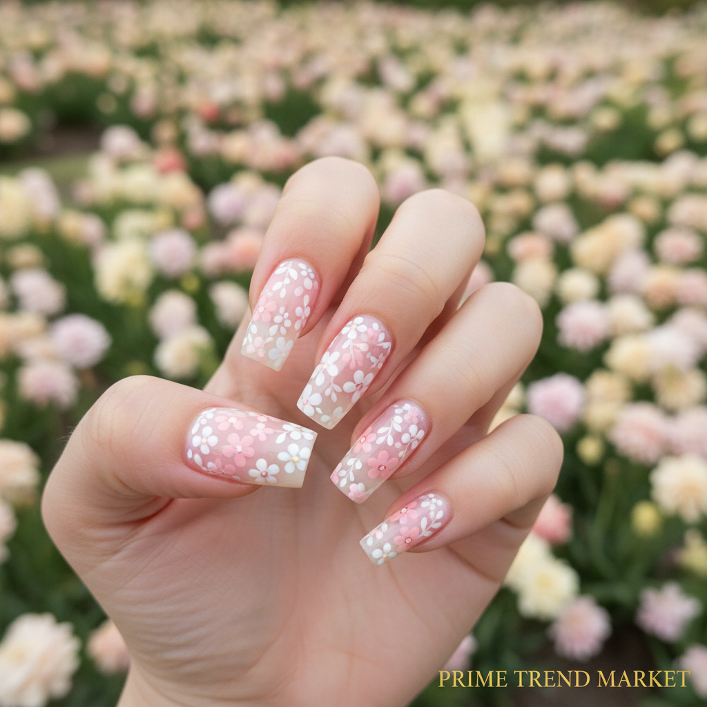 Woman wearing flat flower long square press-on nails spring floral manicure