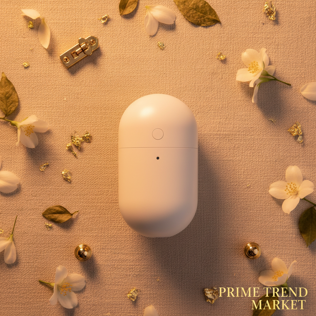 Flat lay of compact white fridge deodorizer on cream ivory surface with jasmine petals - Prime Trend Market