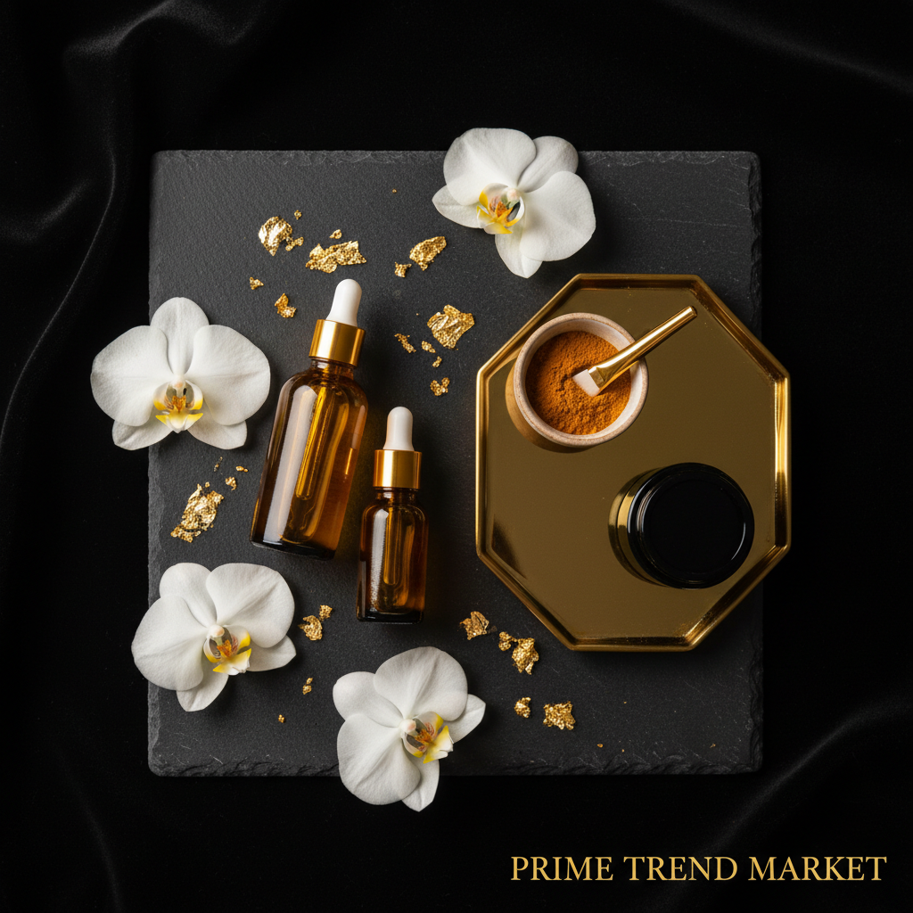Dark luxury flatlay of turmeric serum set with orchids and gold flakes — Prime Trend Market