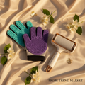 Pet deshedding glove, grooming gloves and hair roller on cream silk