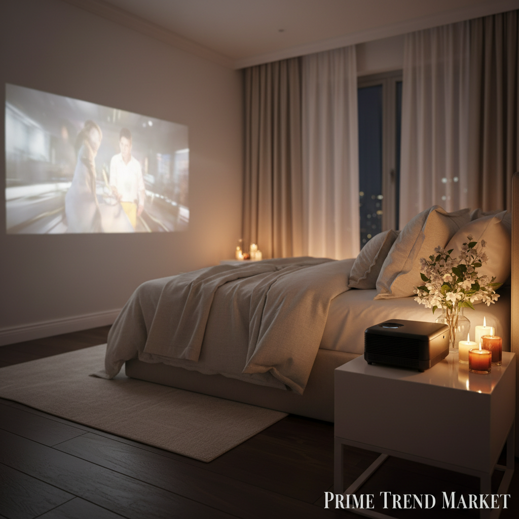 PocketCinema projecting movie in cozy bedroom at night