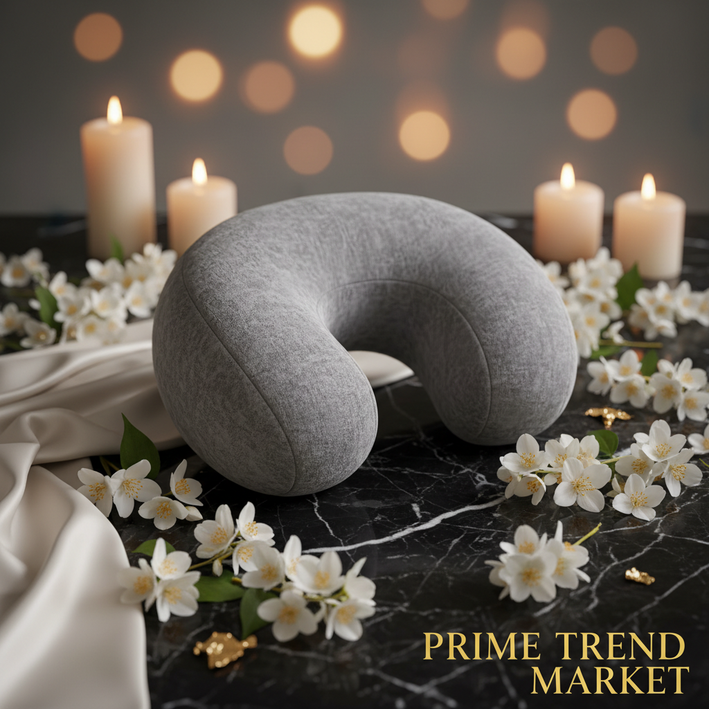 Gray luxury smart neck shoulder massage pillow on dark marble with jasmine flowers and gold accents