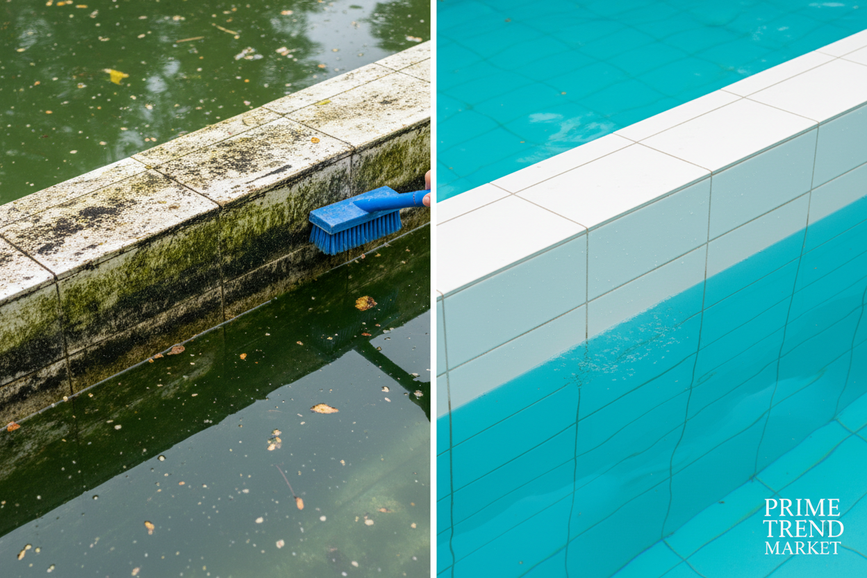 Before and after pool wall cleaning with blue pool brush