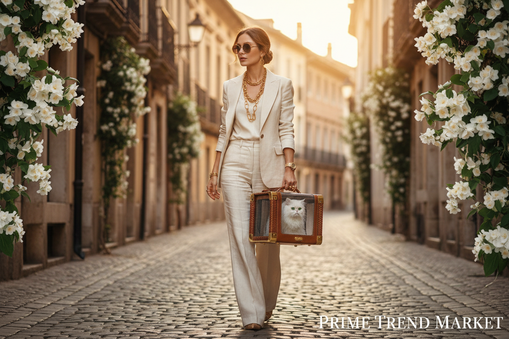 Elegant woman carrying pet cage with Persian cat on European street