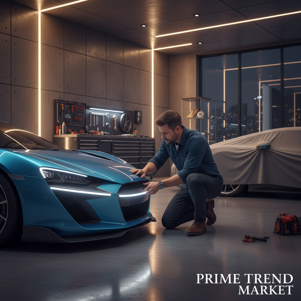 Man installing LED daytime running lights on sports car bumper in luxury garage