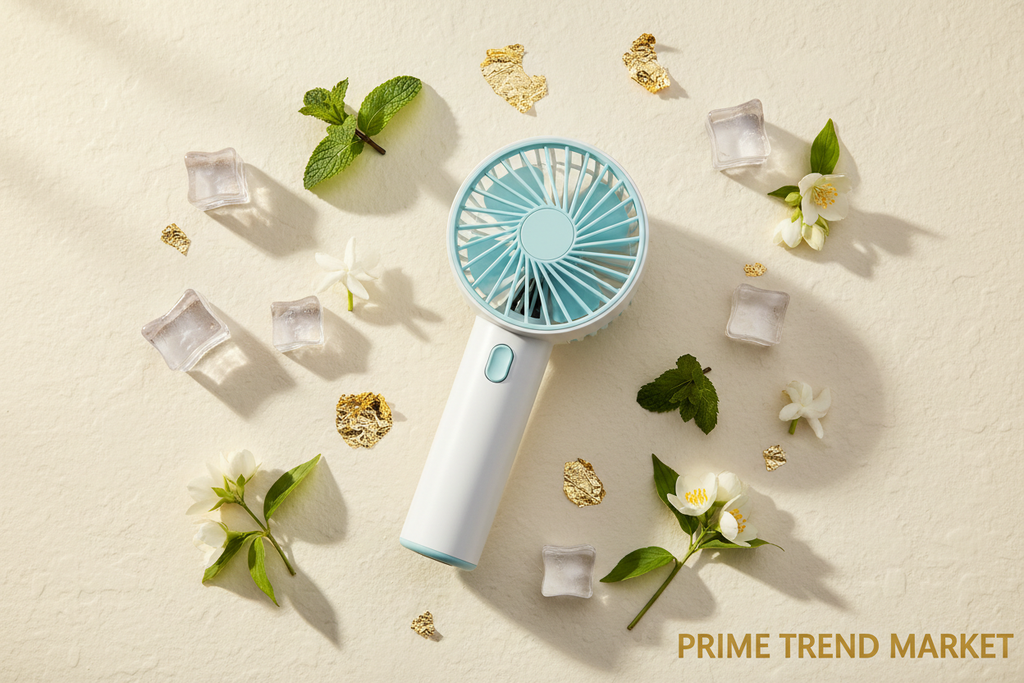 White and light blue turbo jet handheld fan flat lay with ice cubes mint leaves and gold leaf accents