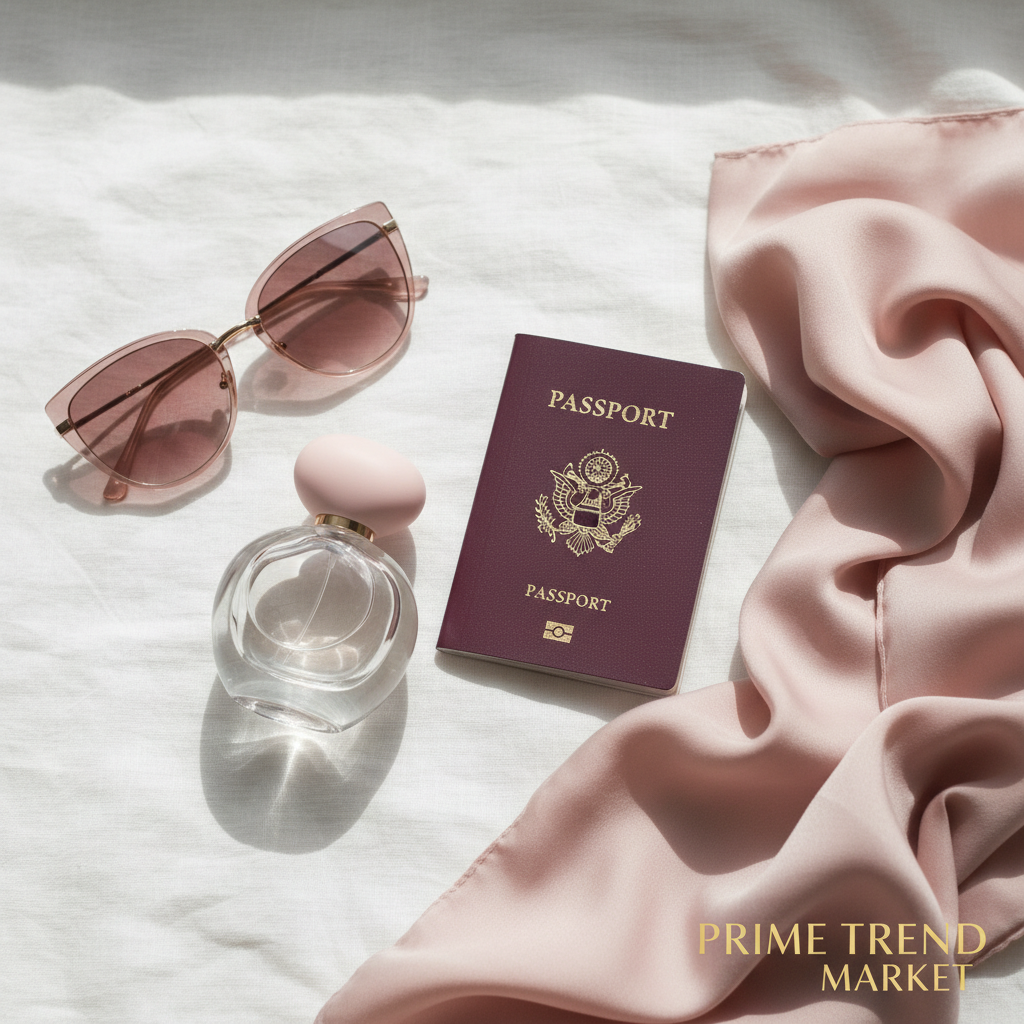 Perfume bottle with passport, sunglasses and pink scarf on white linen